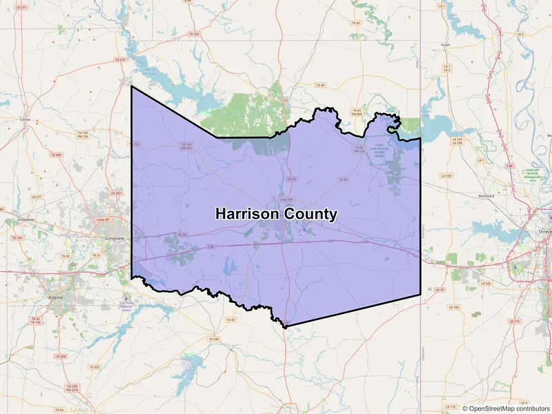 Map of Harrison County, Texas and ZIP codes