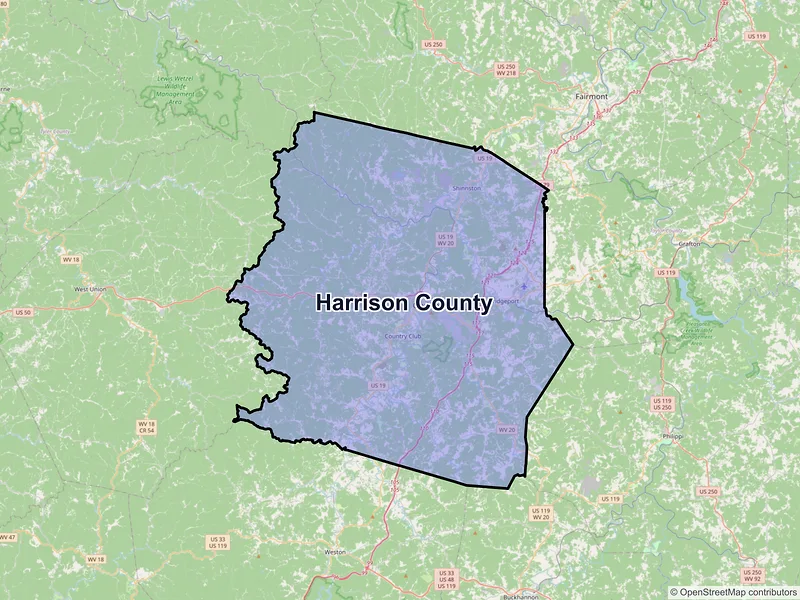 Map of Harrison County, West Virginia and ZIP codes