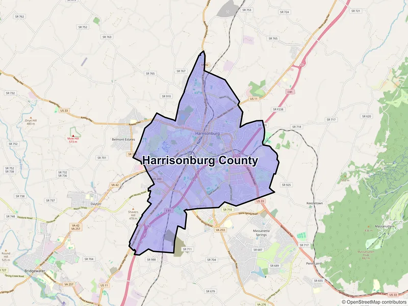 Map of Harrisonburg County, Virginia and ZIP codes