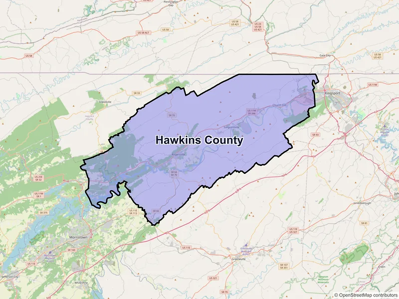 Map of Hawkins County, Tennessee and ZIP codes