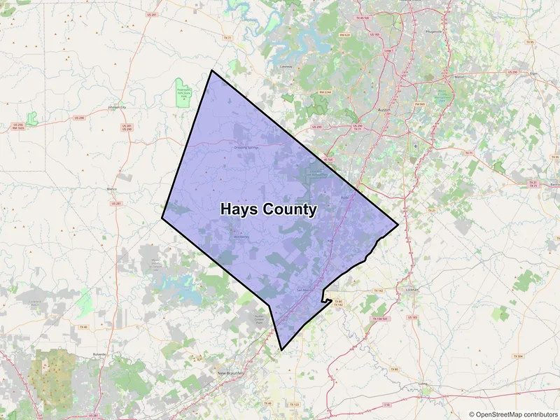 Map of Hays County, Texas and ZIP codes