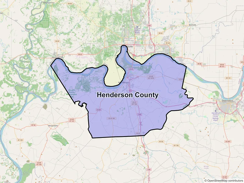 Map of Henderson County, Kentucky and ZIP codes