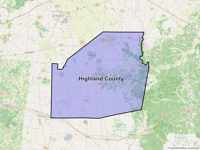 Map of Highland County, Ohio and ZIP codes