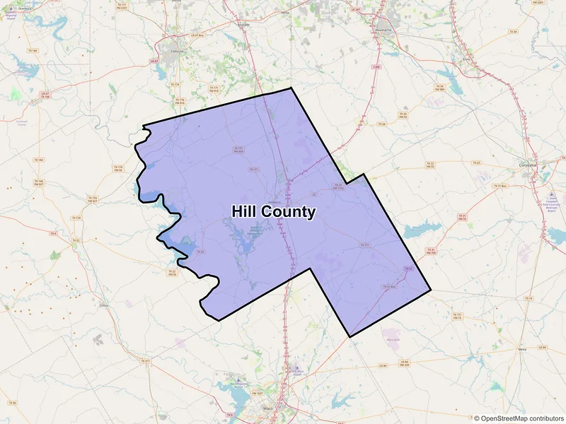 Map of Hill County, Texas and ZIP codes