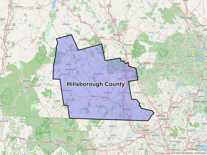 Map of Hillsborough County, New Hampshire and ZIP codes