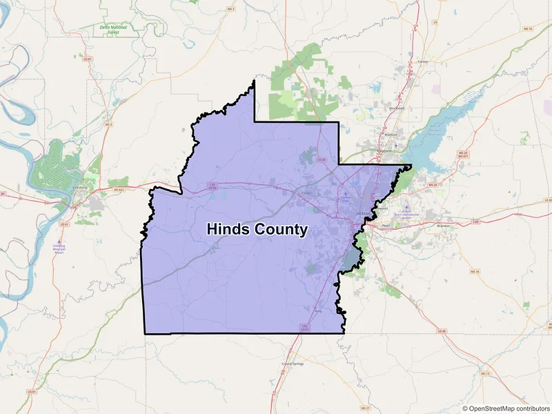 Map of Hinds County, Mississippi and ZIP codes