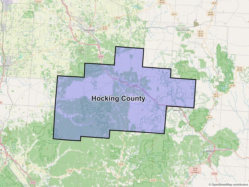 Map of Hocking County, Ohio and ZIP codes