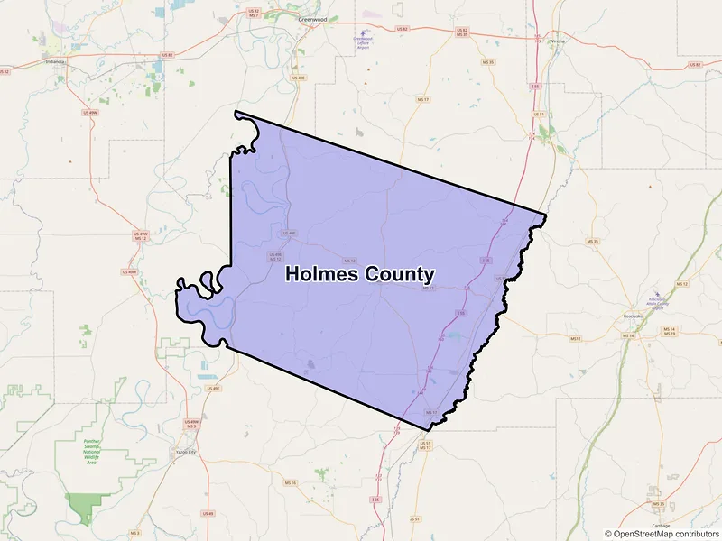Map of Holmes County, Mississippi and ZIP codes