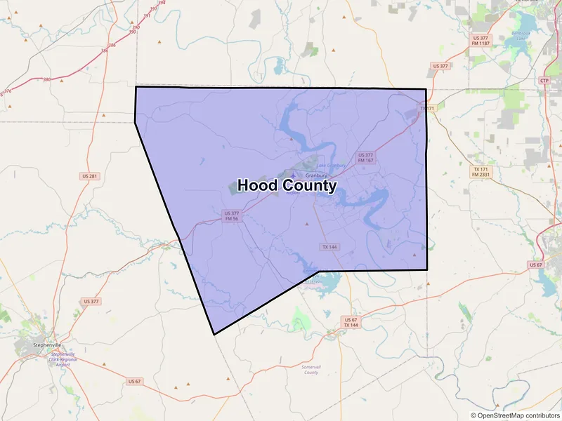 Map of Hood County, Texas and ZIP codes