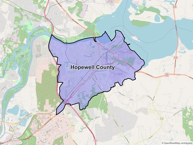 Map of Hopewell County, Virginia and ZIP codes