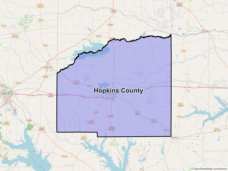 Map of Hopkins County, Texas and ZIP codes