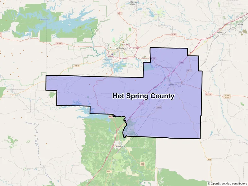 Map of Hot Spring County, Arkansas and ZIP codes