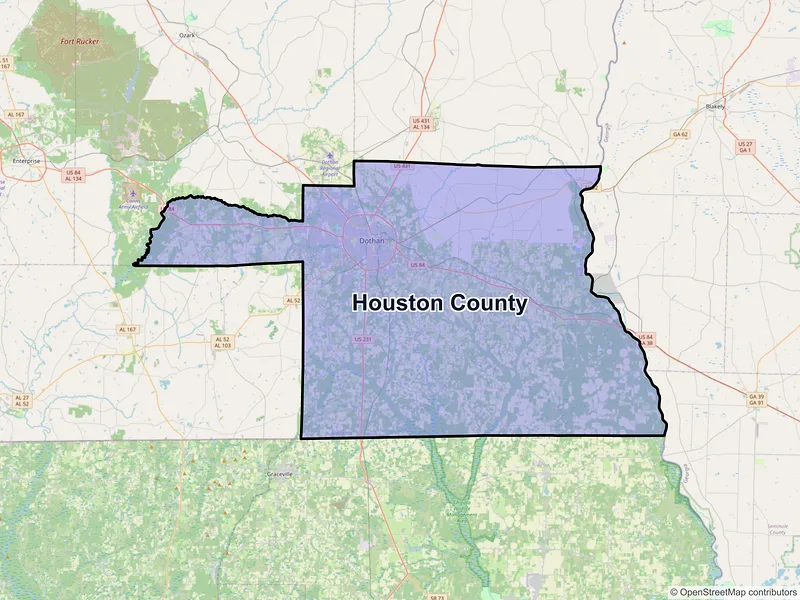 Map of Houston County, Alabama and ZIP codes