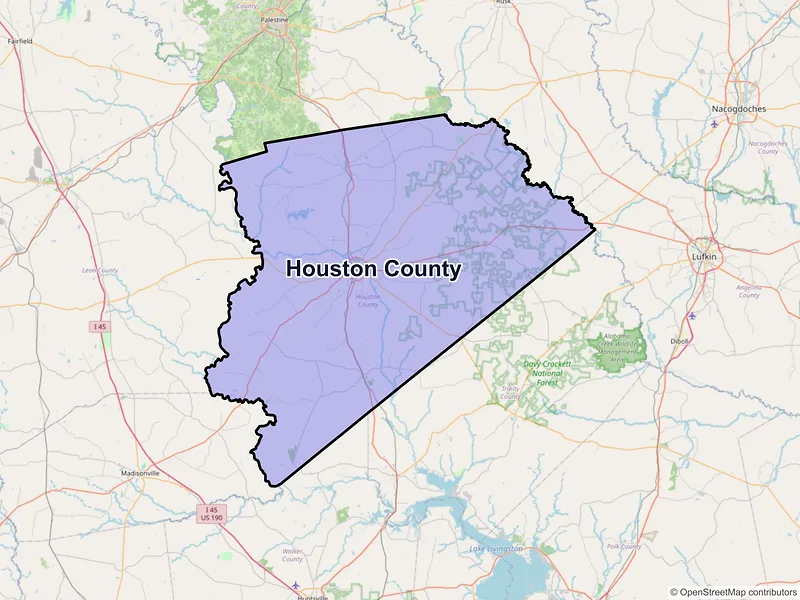 Map of Houston County, Texas and ZIP codes