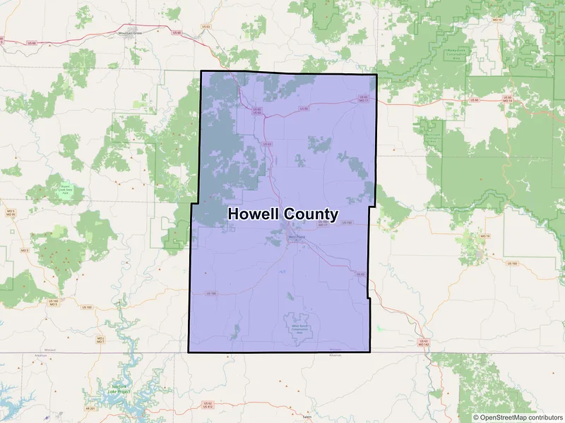 Map of Howell County, Missouri and ZIP codes