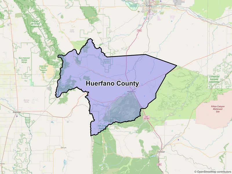 Map of Huerfano County, Colorado and ZIP codes