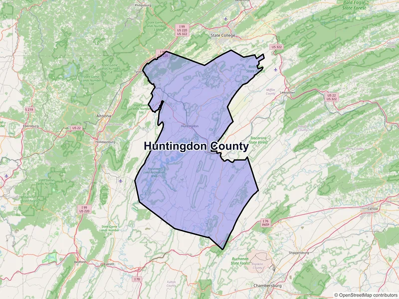 Map of Huntingdon County, Pennsylvania and ZIP codes