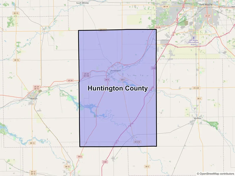 Map of Huntington County, Indiana and ZIP codes