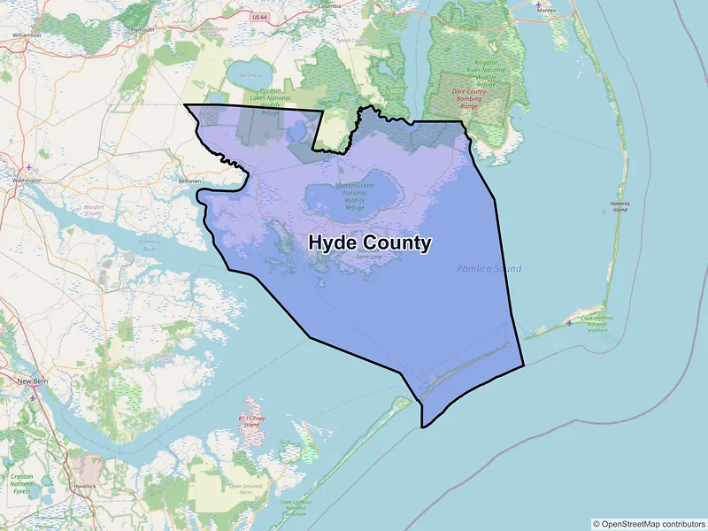 Map of Hyde County, North Carolina and ZIP codes