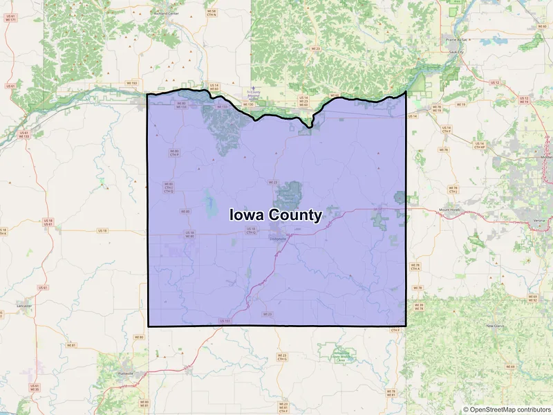 Map of Iowa County, Wisconsin and ZIP codes