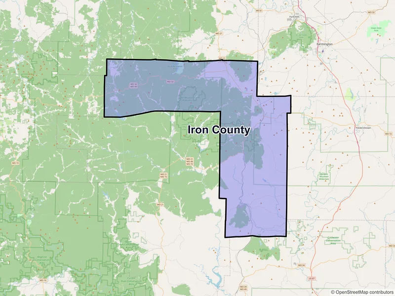 Map of Iron County, Missouri and ZIP codes