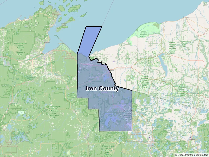 Map of Iron County, Wisconsin and ZIP codes
