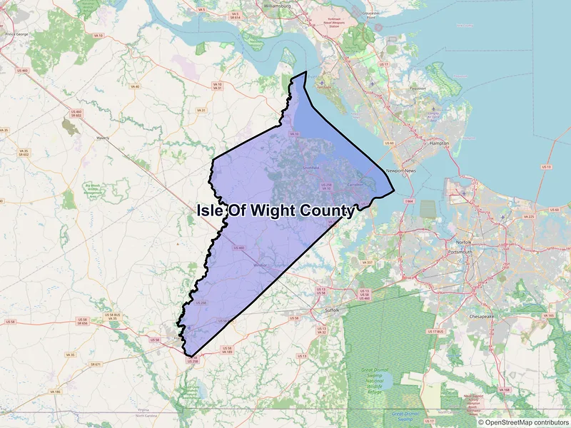 Map of Isle of Wight County, Virginia and ZIP codes