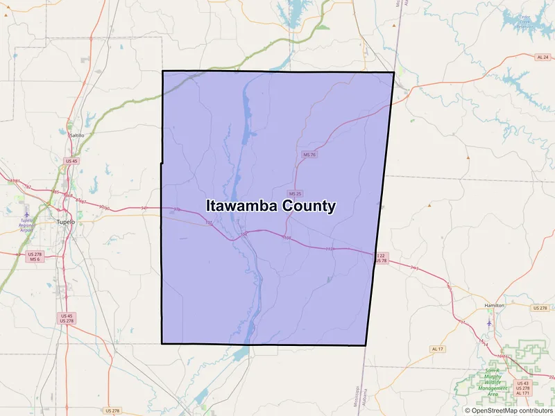 Map of Itawamba County, Mississippi and ZIP codes