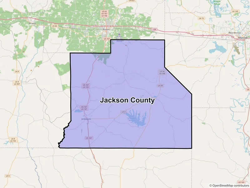 Map of Jackson County, Louisiana and ZIP codes