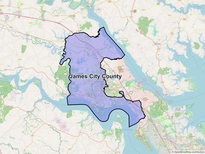Map of James City County, Virginia and ZIP codes