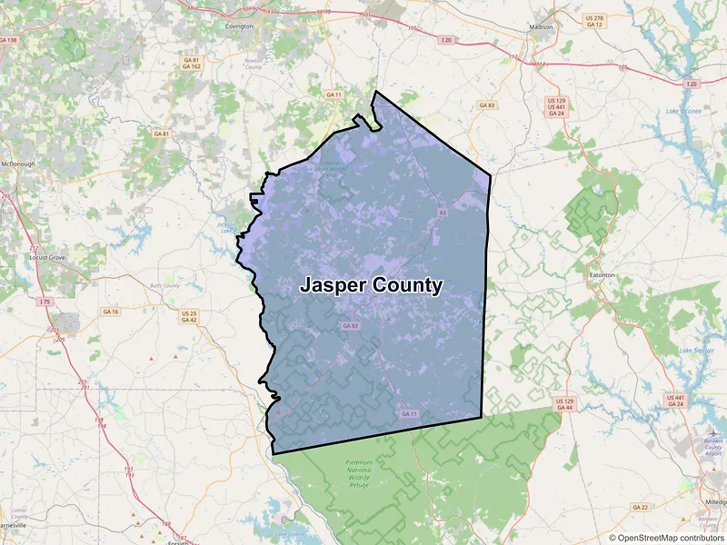 Map of Jasper County, Georgia and ZIP codes