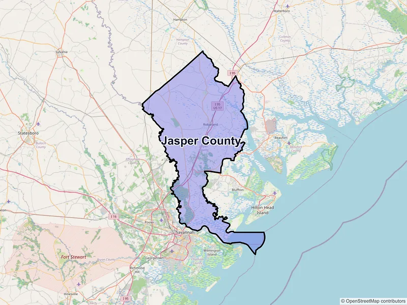 Map of Jasper County, South Carolina and ZIP codes