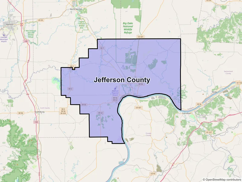 Map of Jefferson County, Indiana and ZIP codes