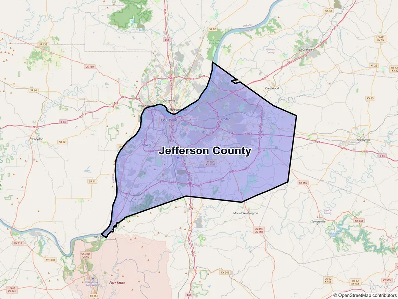 Map of Jefferson County, Kentucky and ZIP codes