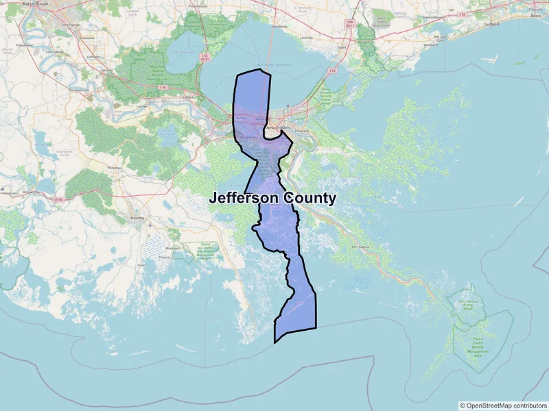 Map of Jefferson County, Louisiana and ZIP codes