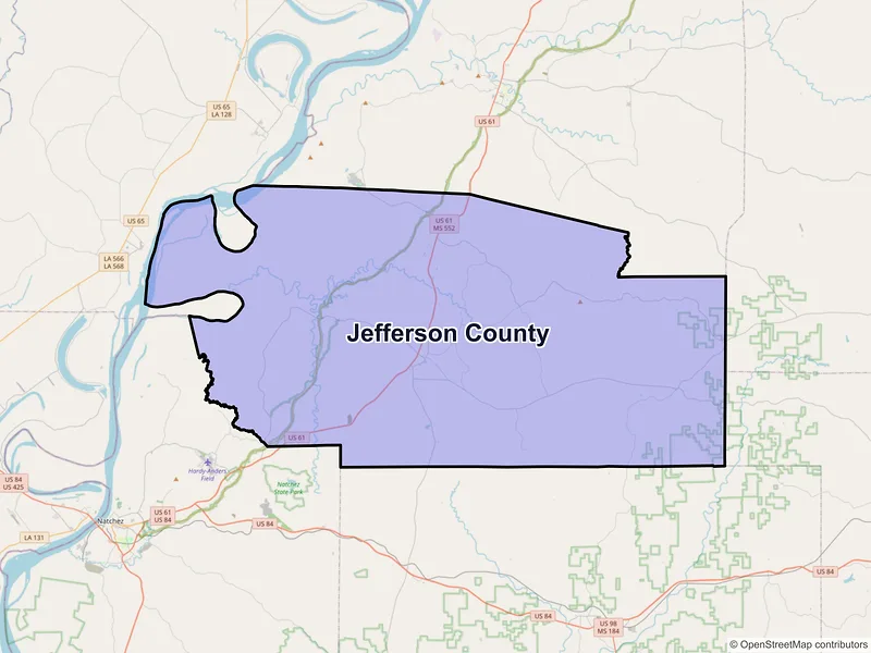 Map of Jefferson County, Mississippi and ZIP codes