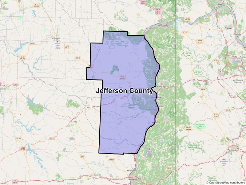 Map of Jefferson County, Ohio and ZIP codes