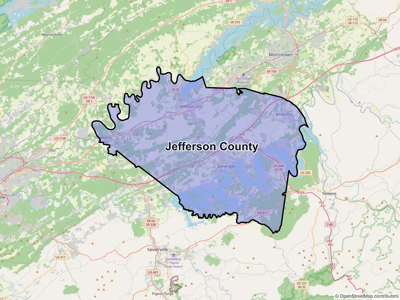 Map of Jefferson County, Tennessee and ZIP codes