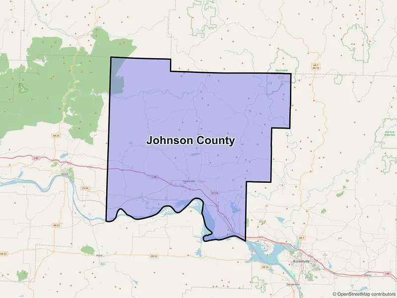 Map of Johnson County, Arkansas and ZIP codes