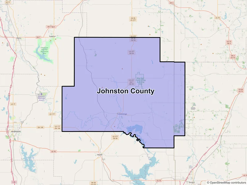 Map of Johnston County, Oklahoma and ZIP codes