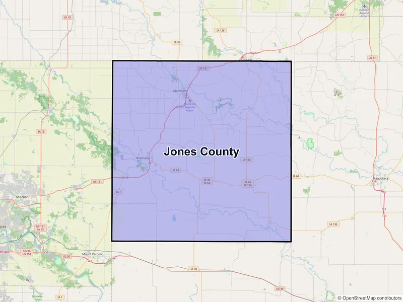 Map of Jones County, Iowa and ZIP codes
