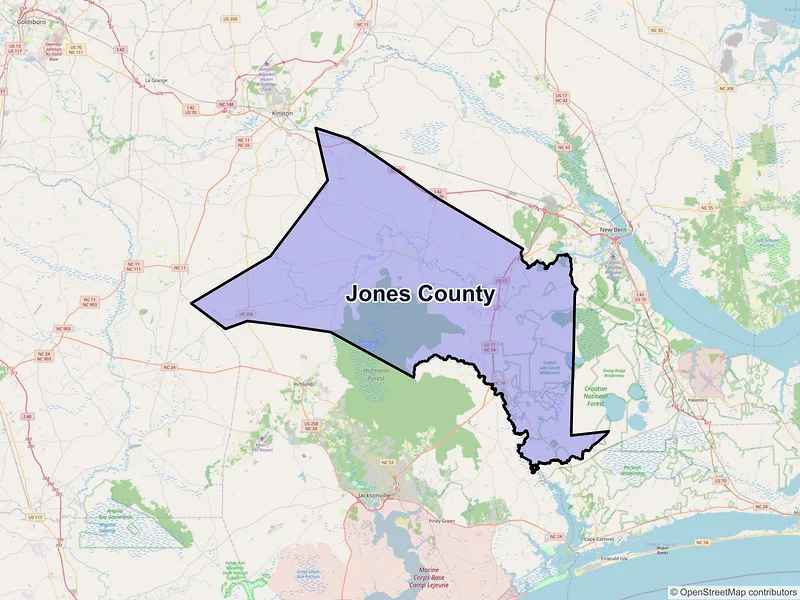 Map of Jones County, North Carolina and ZIP codes