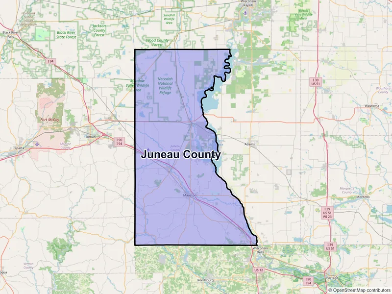 Map of Juneau County, Wisconsin and ZIP codes