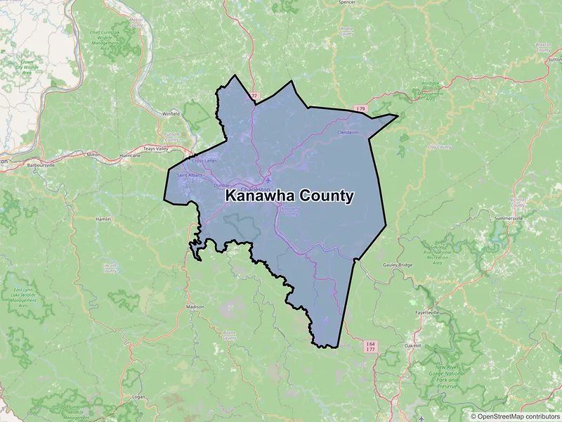 Map of Kanawha County, West Virginia and ZIP codes