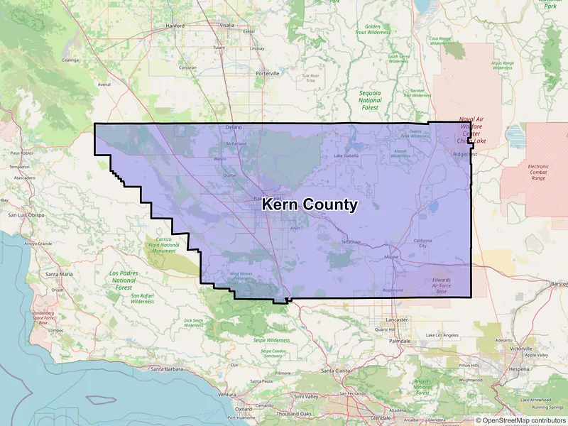 Map of Kern County, California and ZIP codes