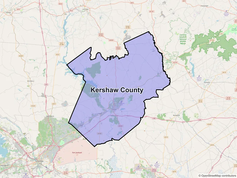 Map of Kershaw County, South Carolina and ZIP codes