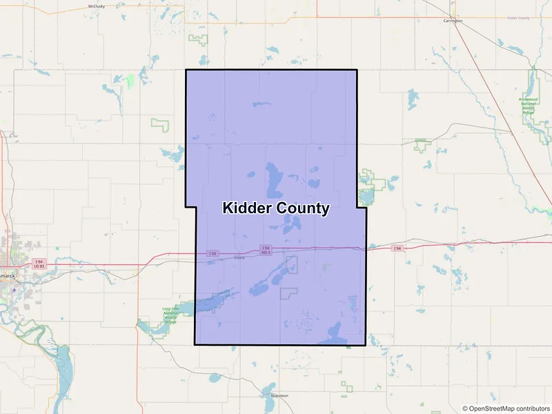 Map of Kidder County, North Dakota and ZIP codes