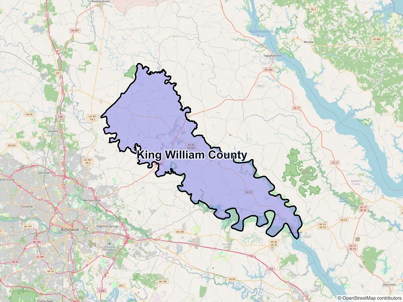 Map of King William County, Virginia and ZIP codes