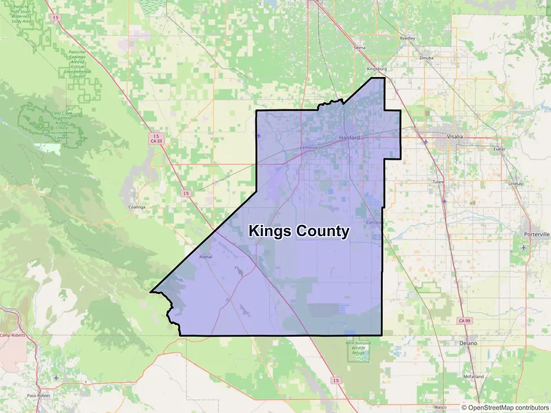 Map of Kings County, California and ZIP codes