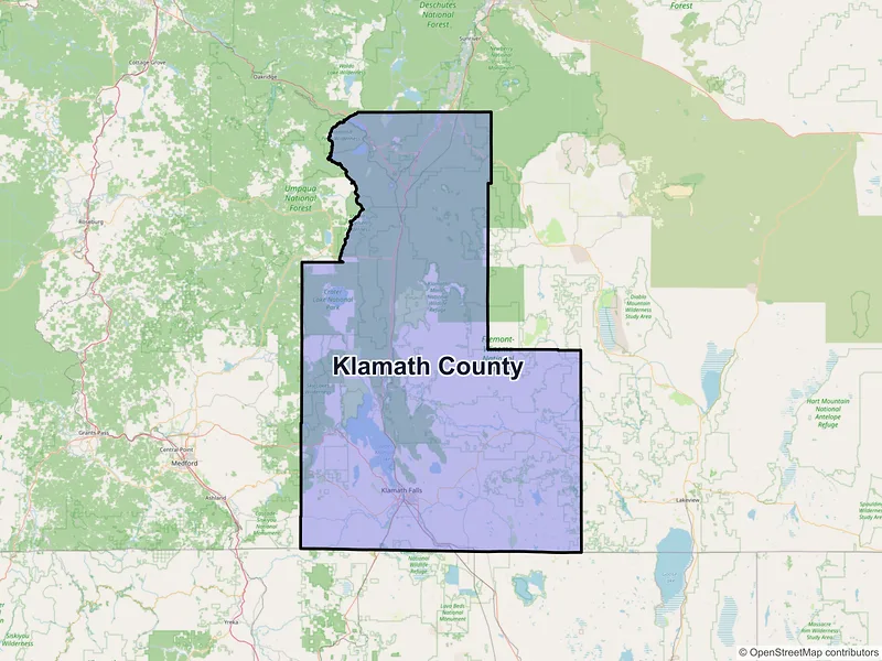 Map of Klamath County, Oregon and ZIP codes
